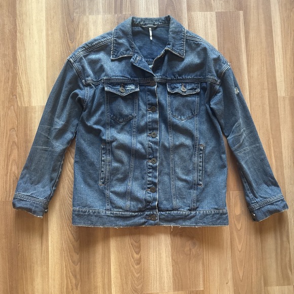 Free People Distressed Denim Jean Jacket Oversized XS (Medium) Dark Wash Trucker - Picture 3 of 12